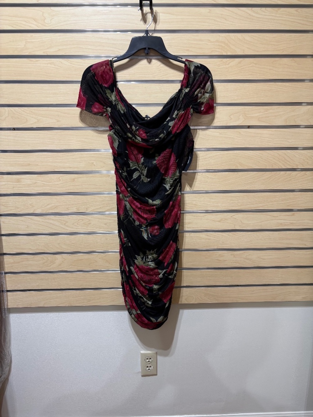 NWT Bebe black rose print draped cowl neck bodycon midi dress size L